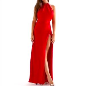 Red Halter Neck Evening Gown with Thigh Slit